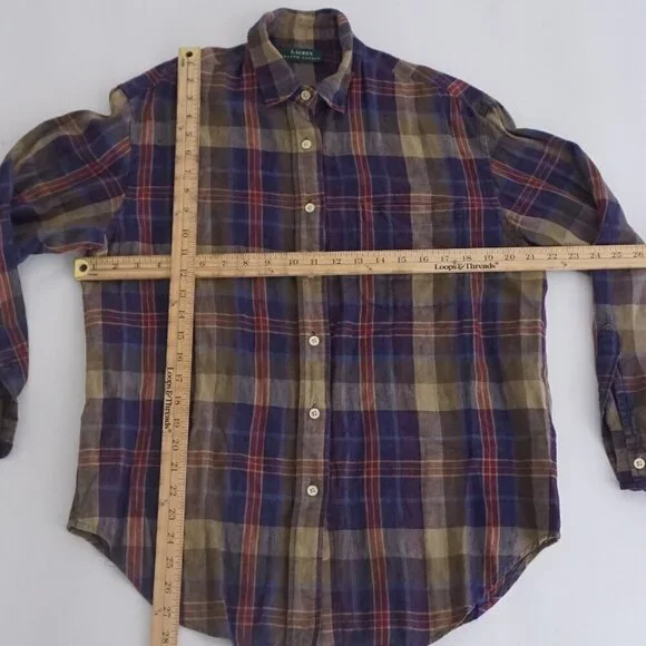 Lauren Ralph Lauren Purple Maroon Plaid Linen Blend Button Up Shirt M - Picture 4 of 12